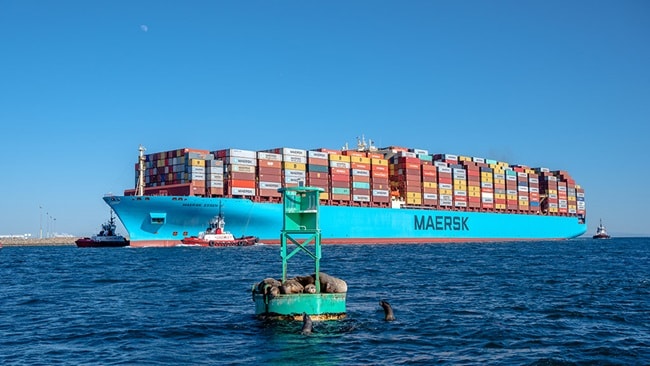 Maersk Essen entering Port of Los Angeles harbor enoute to APM Terminals Pier 400 Los Angeles container terminal