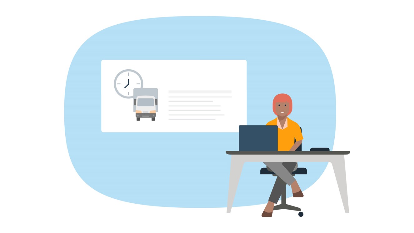 An illustration of a woman making instant e-payments on MyFinance with a clock and cargo truck in the background.