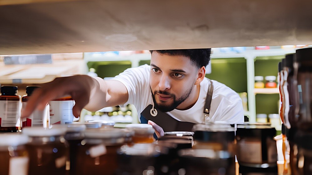 Retail worker organizing jars on a store shelf with focus and attention.