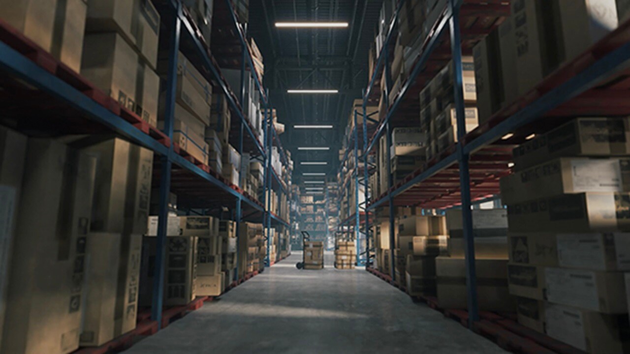 A warehouse with cargo arranged in shelves.