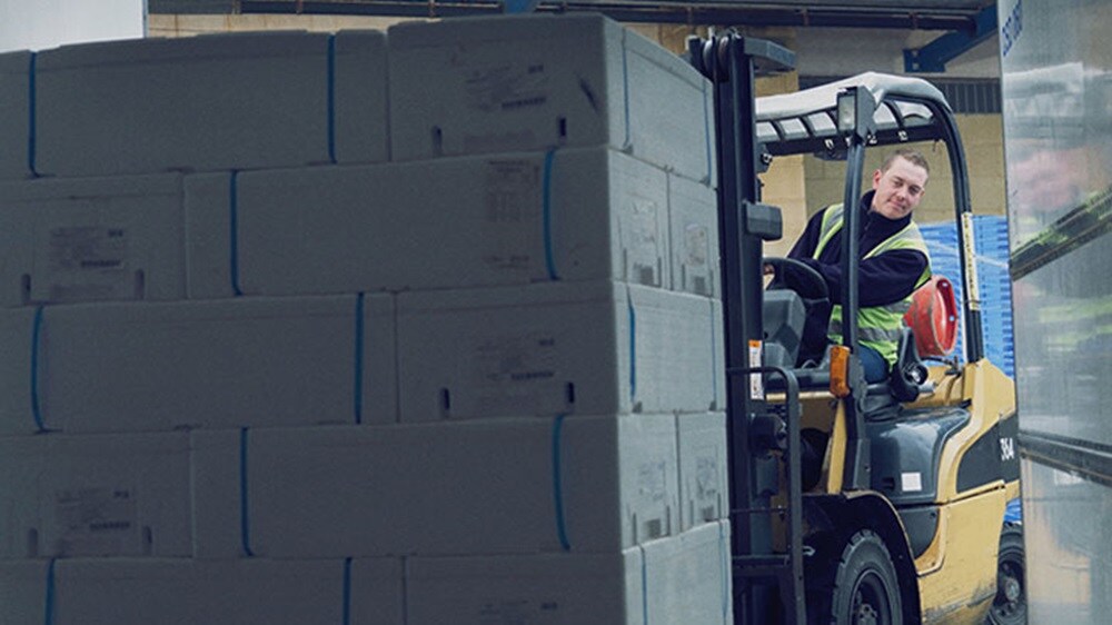 A worker in a forklift truck moving palletised boxes from a consolidation warehouse into a truck.